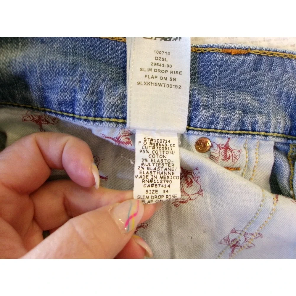 True Religion Mens 34 Slim Drop Rise Jeans Light Blue Flap‎ Pocket Distressed
